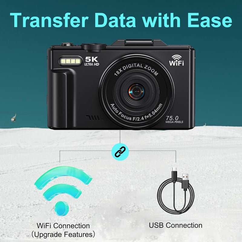Demofit 5K Digital Camera for Photography - 75MP WiFi Vlogging Camera for YouTube - UHD 18X Zoom Digital Cameras with Flip Screen 3" 180° - Travel Flash Camara for Beginners & Adults - Image 5